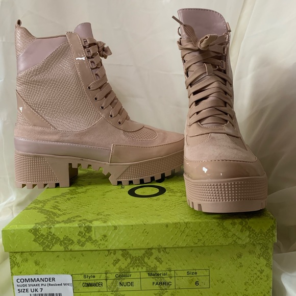 Pink Faux Snake Print Leather Combat Boots heels - Picture 7 of 8